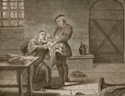 Laurence Saunders, el mártir, despidiéndose de su hijo, grabado por Butterworth y Heath de Charles West Cope